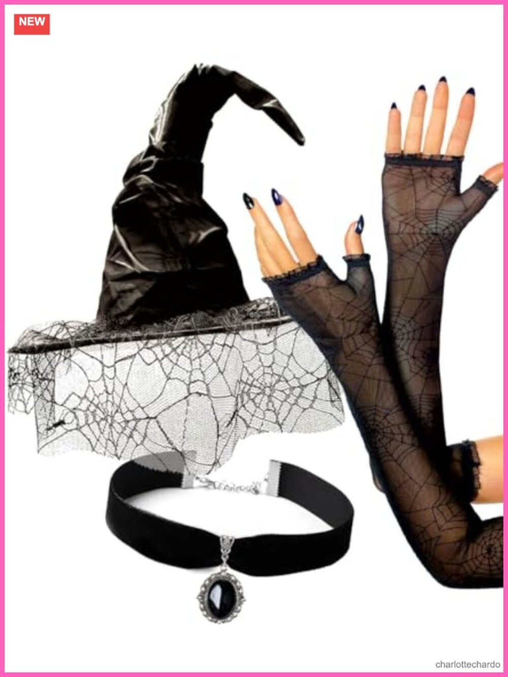 Witch Costume Accessory Set: Lace Veil Hat, Spiderweb Sleeves, Choker